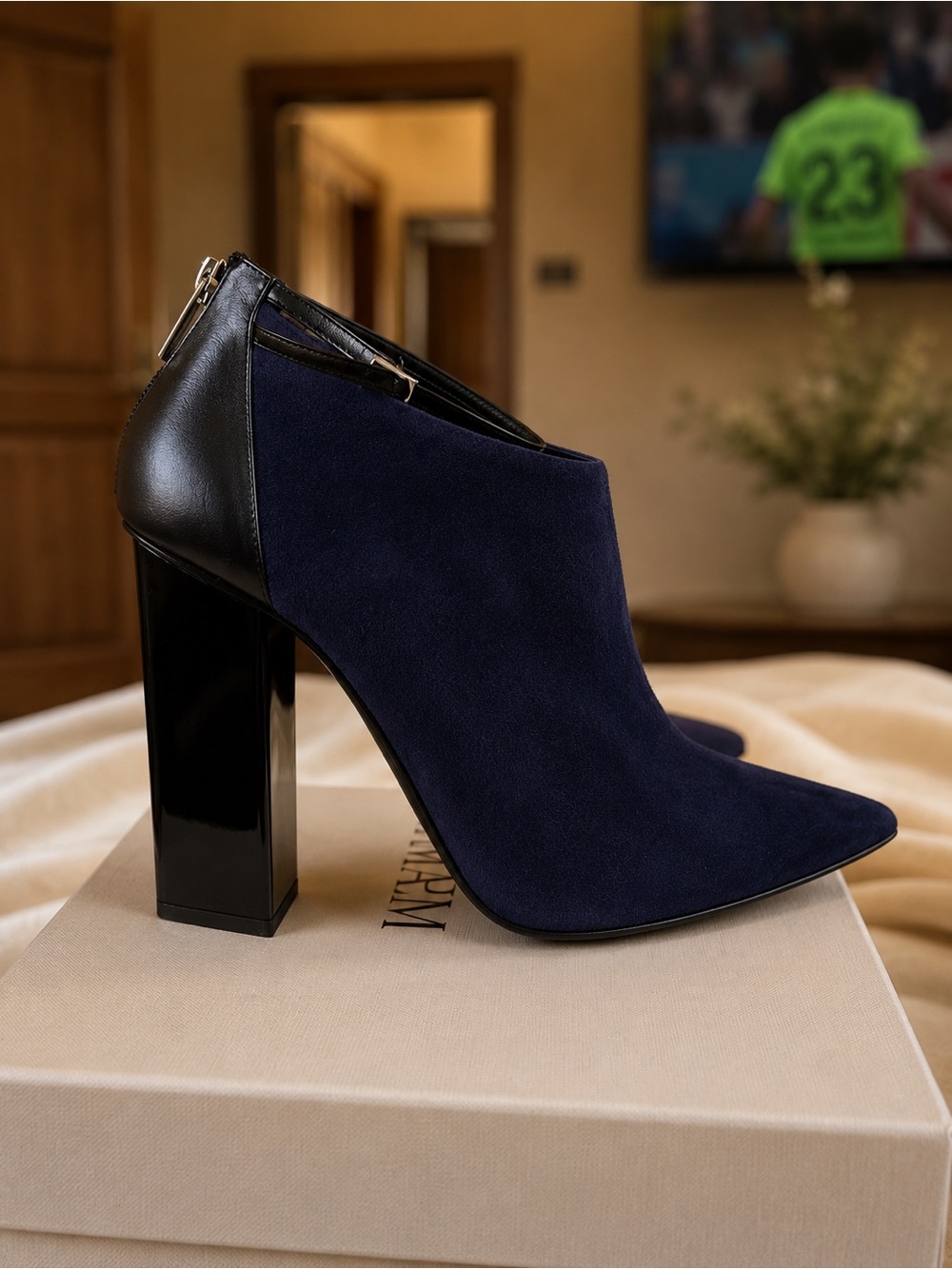 Jimmy Choo Navy Suede Pointed Block Heel Ankle Boot with Black Strap